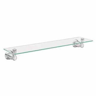 Model Y2690CH – Wall-Mount Clear Glass Shelf 22-3/4 in. W x 5-4/25 in. L x 3 in. H in Chrome (National Retailer Brand) – Open Box (Never Used)