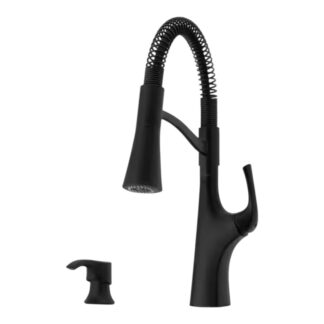 Model  F529-7LRCB – Modern 1-Handle Pull Down Sprayer Kitchen Faucet with Deck Plate and Soap Dispenser in Matte Black – (National Retailer Brand) – Open Box (Never Used)