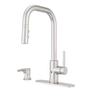 Model F-529-EZN3GS – Modern Single-Handle Touchless Kitchen Faucet with Deckplate and Soap Dispenser in Stainless Steel – (National Retailer Brand) – Open Box (Never Used)