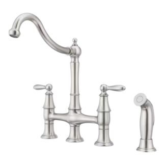 Model F-031-4COS – Two Handle Bridge Kitchen Faucet with Side Spray – Stainless Steel Finish (National Retailer Brand) – Open Box (Never Used)