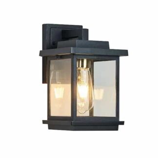 SILJOY SHLW215-W Square 1-Light Black and Gold Hardwired Outdoor Sconce Wall Lantern with Clear Glass Shade