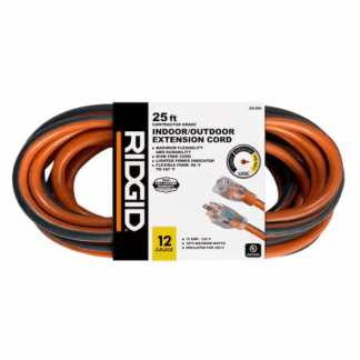 RIDGID 74025RGD 25 ft. 12/3 Heavy Duty Indoor/Outdoor Extension Cord with Lighted End, Orange/Grey