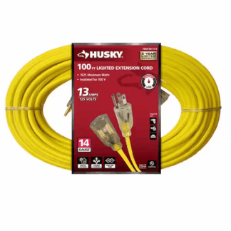 Husky 73100HY 100 ft. 14/3 Medium Duty Indoor/Outdoor Extension Cord with Lighted End, Yellow