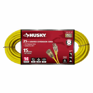 Husky 73025HY 25 ft. 14/3 Medium Duty Indoor/Outdoor Extension Cord with Lighted End, Yellow