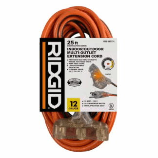 RIDGID 76025RGD 25 ft. 12/3 Heavy Duty Indoor/Outdoor Extension Cord with Tritap Lighted End, Orange/Grey