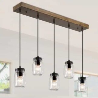 Uolfin A7Y7VFHD23709VZ Modern Mason Jar Chandelier Light Firefly 5-Light Black Linear Island Pendant Light with Rustic Faux Wood Accent