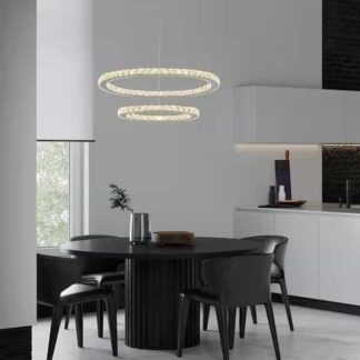 SILJOY SHLP012 2-Ring Integrated LED Chrome Modern Crystal Chandelier Pendant Light with Clear Crystals for Kitchen Dining Room