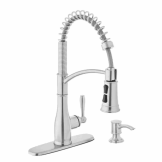 Glacier Bay 1008 022 793 Mandouri Single Handle Spring Neck Pull Down Sprayer Kitchen Faucet with Soap Dispenser in Stainless Steel