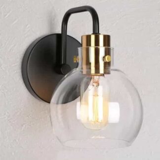 Zevni Z-R7ZAMQBY-4496 1-Light Black Industrial Indoor Wall Sconce, Modern Brass-Plated Wall Light, Globe Clear Glass Bathroom Vanity Light