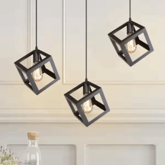 LNC A01974 Modern 1-Light Black Frame Mini-Pendant Industrial Island Bar Ceiling Light with Square Cage Design Shade LED Compatible