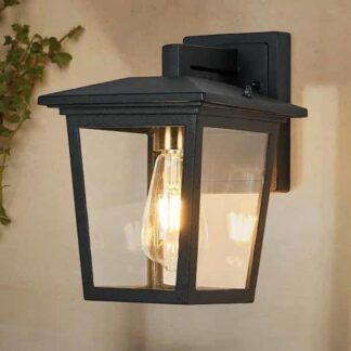 SILJOY SHLW390-1 1-Light Black and Gold Hardwired Outdoor Sconce Wall Lantern with Clear Glass Shade