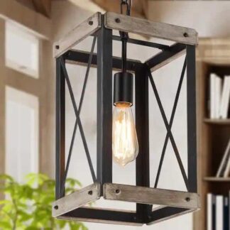LNC A03437 Black Rustic Wood Cage Pendant Light 1-Light Farmhouse Lantern Kitchen Island Pendant Lighting