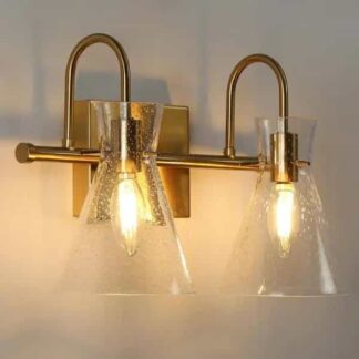 Uolfin 62808UAYQYQ30W2 Modern Gold Bathroom Vanity Light, 2-Light Bell Minimalist Powder Wall Sconce Light with Seeded Glass Shades