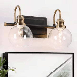 Zevni Z-38VEBEQB-70W2 14.5 in. 2-Light Brass Gold Bathroom Vanity Light, Globe Clear Glass Bath Lighting, Black Modern Wall Sconce