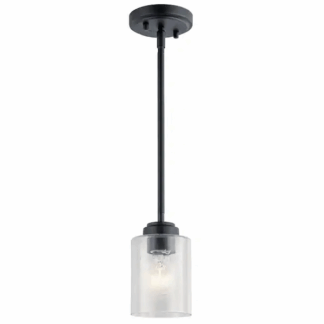 KICHLER 44032BK Winslow 1-Light Black Contemporary Shaded Kitchen Mini Pendant Hanging Light with Clear Seeded Glass