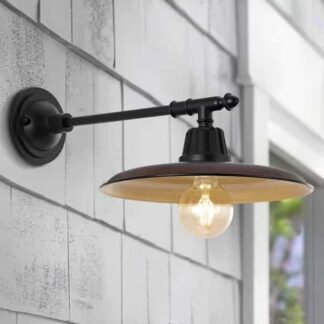 JONATHAN Y JYL7616G Bonner 12 in. Wood Finish/Copper 1-Light Farmhouse Industrial Indoor/Outdoor Iron LED Victorian Arm Outdoor Sconce
