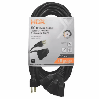 HDX HWHD16350F 50 ft. 16/3 Light Duty Indoor/Outdoor Extension Cord with Multiple Outlet Triple Tap End, Black