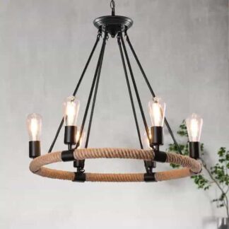 YANSUN H-DZ011(N1) 6-Light Black Vintage Hemp Rope Wheel Chandelier