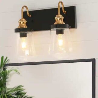 Uolfin P7NNYRHD23798I3 Modern Industrial Bathroom Wall Sconce 2-Light Black and Gold Transitional Bell Vanity Light with Clear Glass Shades