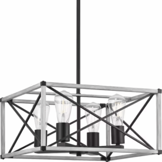 Hampton Bay 1032HBMBDI Madison Landing 4-Light Caged Matte Black Rectangular Pendant Hanging Light with Washed White Farmhouse Wood Accents