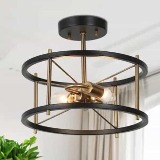 Zevni Z-T8MY2A32-65C2 12 in. 2-Light Black Modern Semi-Flush Mount, Brass-Plated Ceiling Light, Farmhouse Open Cage Light Fixture