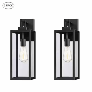 Hukoro 2F19051-BK 18 in. 1-Light Matte Black Outdoor Wall Lantern with Clear Glass Shade(2-Pack)