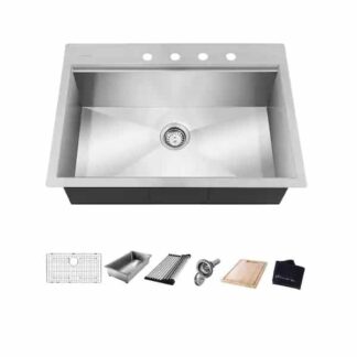 Glacier Bay 1004 094 015 Zero Radius Drop-in 18G Stainless Steel 27 in. 4-Hole Single Bowl Workstation Kitchen Sink with Accessories