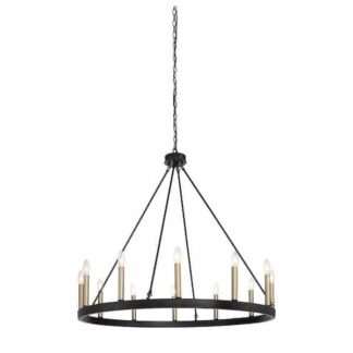 Tatahance AC-10552BK-BD Farmhouse Vintage 12-Light Golden Candle Style Octagonal Wagon Wheel Chandelier in Black