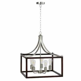 Merra HCF-1708-BN-BNHD-1 5-Light Chrome Industrial Style Geometric Lantern Pendant with Open Wooden Cage Frame