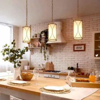 Uolfin Q7BFEUHD23942JJ Modern Drum Island Pendant Light Imogen 6.5 in. 1-Light Brass Gold Cage Chandelier Pendant Light with Fabric Shade