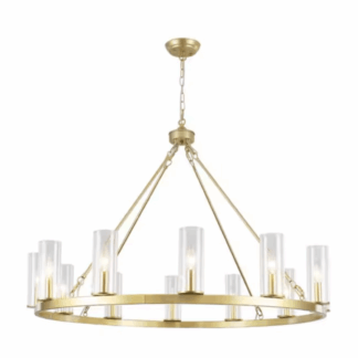 ADSENSTY HD3-12-PG-D7021 12-Light Gold Candle Style Wagon Wheel Chandelier Modern Farmhouse Pendant Light with Clear Glass Shade
