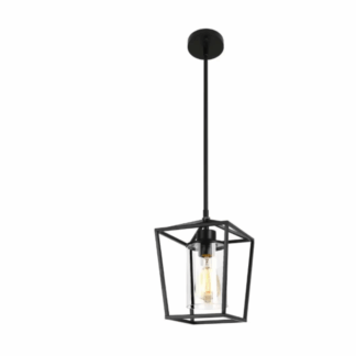 YANSUN H-DZ142 1-Light Matte Black Modern Farmhouse Cage Lantern Shaded Pendant Lighting with Clear Glass Shade for Dining Room