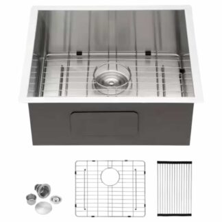 LORDEAR ZZ-KIS-U2518 25 in. x 22 in. Single Bowl Undermount 18-Gauge Stainless Steel Drop In Kitchen Sink w/ Bottom Grid and Strainer Basket