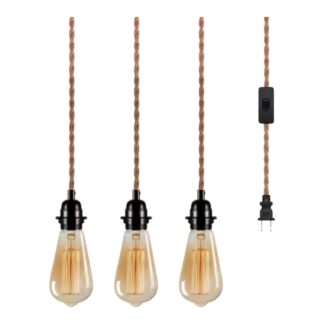 Yansun H-MS02E26AC 3-Light Vintage Plug-In Hanging Pendant with Hemp Rope and Black Socket(Pack of 1)