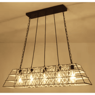 LWYTJO ZJD00106-5-B+BN-UL 5-Light Black Kitchen Island Pendant Linear Vintage Chandelier, Rectangular Open Frame Shade Wrapped with Hemp Rope