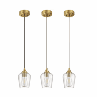 Merra PDL-150G-3P-BNHD-1 60-Watt 1-Light Brushed Gold Mini Pendant Light with Clear Glass Shade and Adjustable Height, 3-Packs