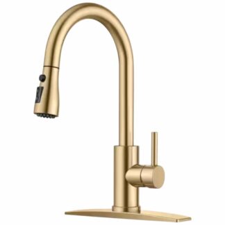 Androme H0023G High-Arc Single Handle Pull Down and Pull Out Sprayer Kitchen Faucet with Deckplate and Gooseneck Swivel Spout in Gold
