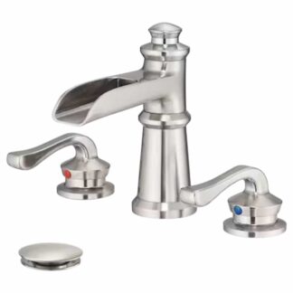 HOMEMYSTIQUE NBFU0731N 8 in. Widespread Double-Handle Waterfall Bathroom Faucet with Pop-Up Drain Low-Arc in Brushed Nickel (Valve Included)
