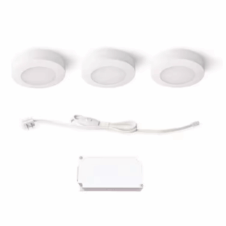 Commercial Electric 22343KITJ5-WH Plug-In 3-Light White Dimmable Color Changing Integrated LED 5 CCT Under Cabinet Puck Light with J-box