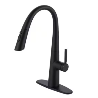 WOWOW 2345602B 17.7 in. Single Handle Pull Down Sprayer Kitchen Faucet with 360° Swivel Spout in Matte Black