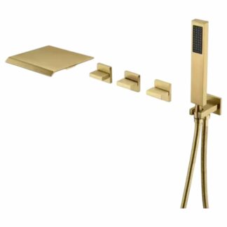 SUMERAIN S2129BGW-HD Modern 3-Handle Wall Mounted Roman Tub Faucet with Hand Shower and Waterfall Spout in Brushed Gold
