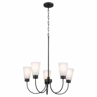 KICHLER 52443BK Erma 24 in. 5-Light Black Traditional Shaded Circle Dining Room Chandelier with Satin Etched Glass Shades