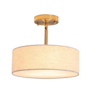 Adsensty HD5-3G-ZJX00125 12.6 in. 3-Light Gold Drum Linen Blend Semi Flush Mount Ceiling Light with White Fabric Shade and No Bulbs Included