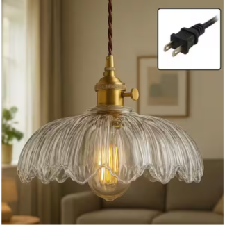 Morauroral PD7301-CL-1P Modern 10 in. 1-Light Clear Pendant Light with Ribbed Flower Glass Shade Plug-In Mini Hanging Chandelier for Kitchen