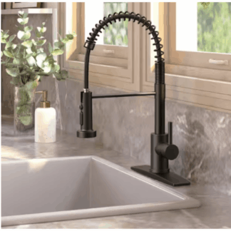androme H51000B Single-Handle Pull Down Sprayer Coil Spring High-Arc Kitchen Faucet with Deckplate Lead-Free Sink Faucet in Matte Black